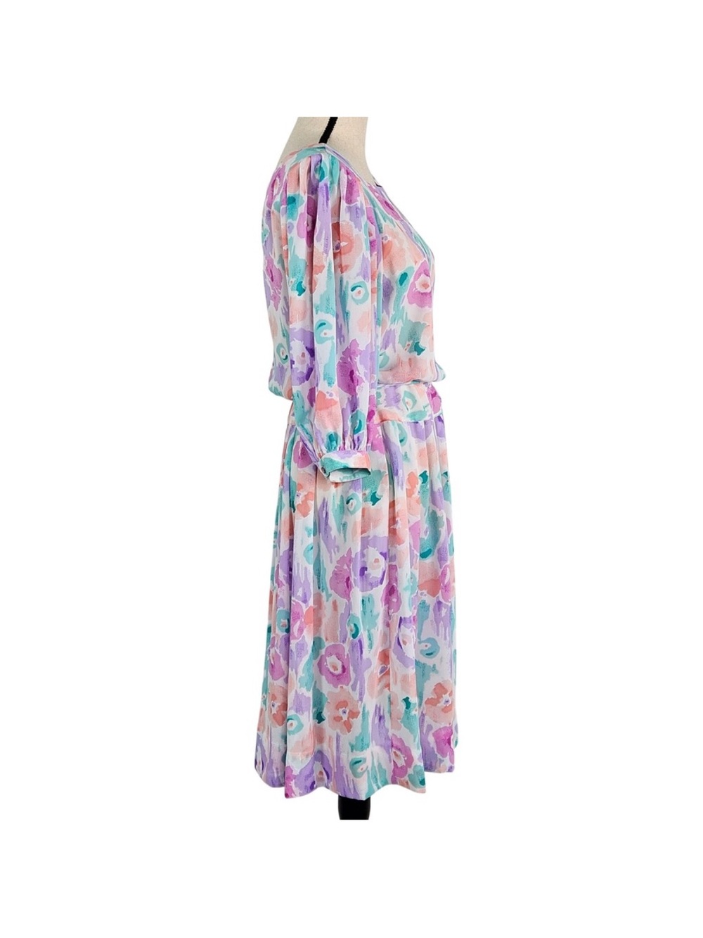 Willi of California Womens Floral Watercolor Midi Dress Belted 10 Vintage 80s - Picture 3 of 12